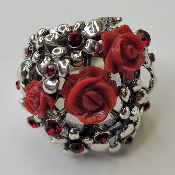 Vintage Red Floral Filigree Ring Silver Tone with Crystals - Picture 10 of 13